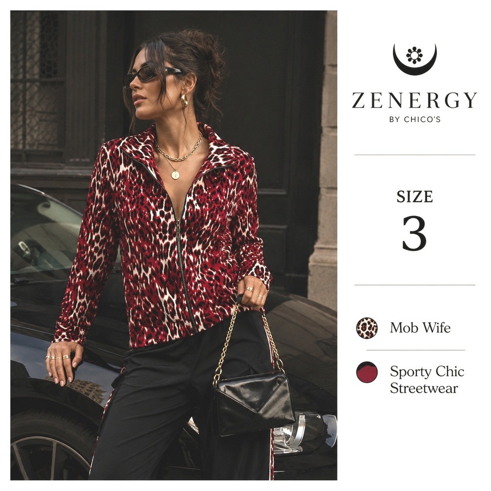 Chico's Zenergy Jacket Womens L Red Leopard Animal Print Zip Stretch Sporty Chic